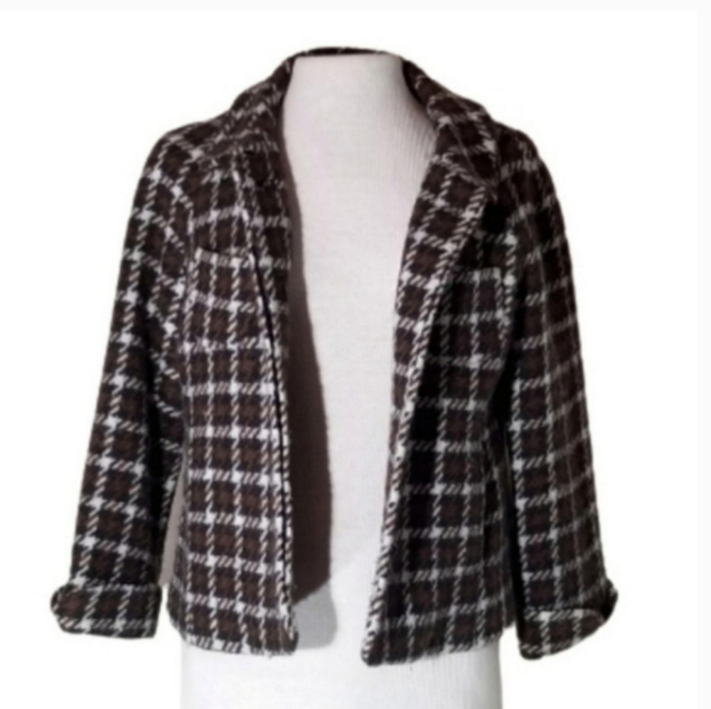 Banana Republic Jacket Houndstooth Plaid Wool Chocolate Brown Size S - Picture 14 of 15